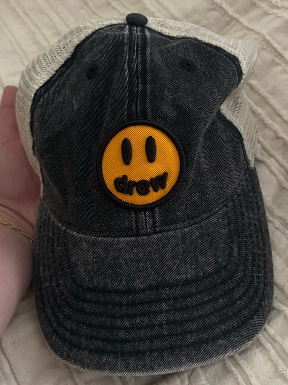 drew house Cream Mesh and Black Interior Trucker Hat with Yellow Logo